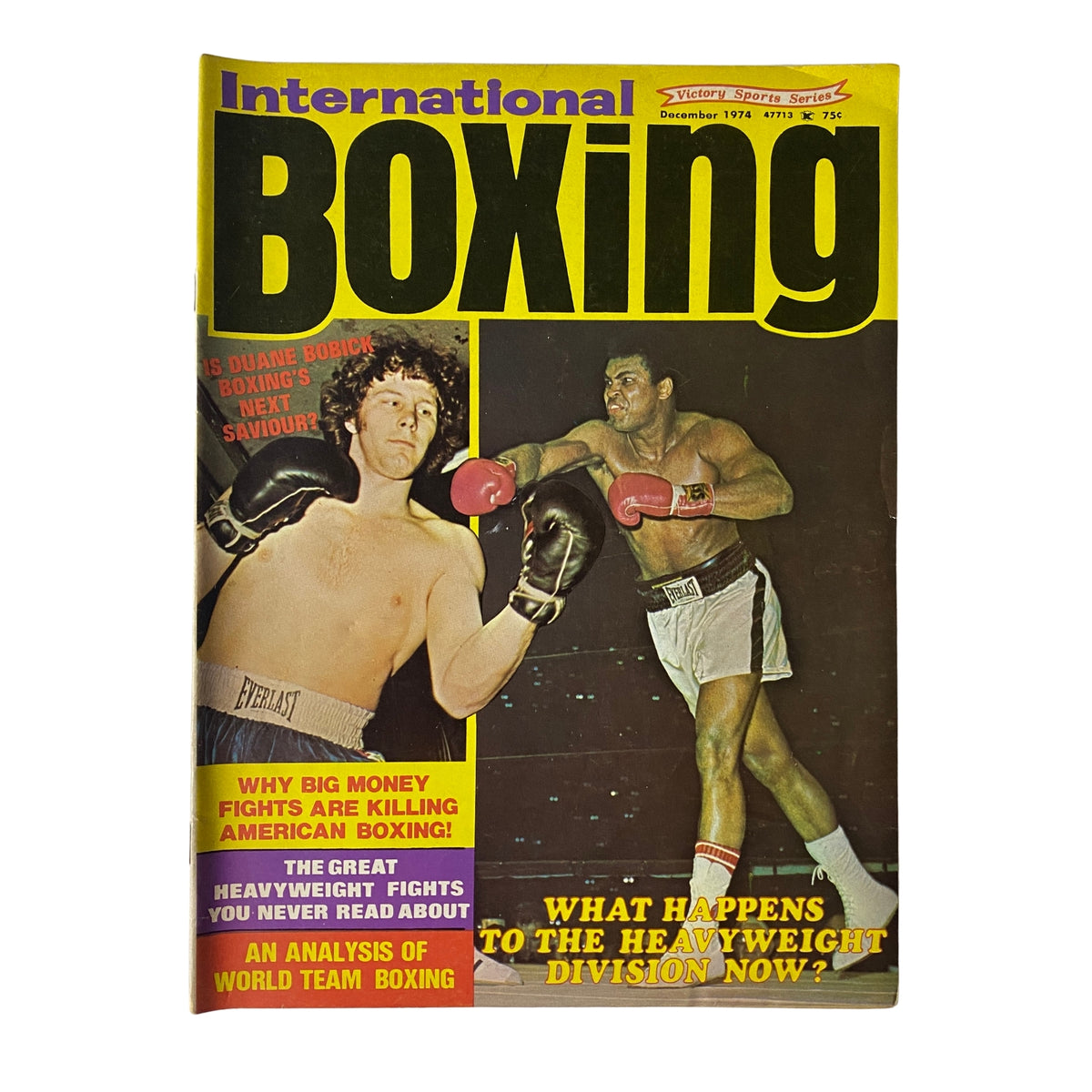 Cover of International Boxing Magazine December 1974 featuring Duane Bobick, highlighting his potential as a heavyweight champion along with the phrase 'What Happens to the Heavyweight Division Now?' and the topic of boxing's financial struggles.