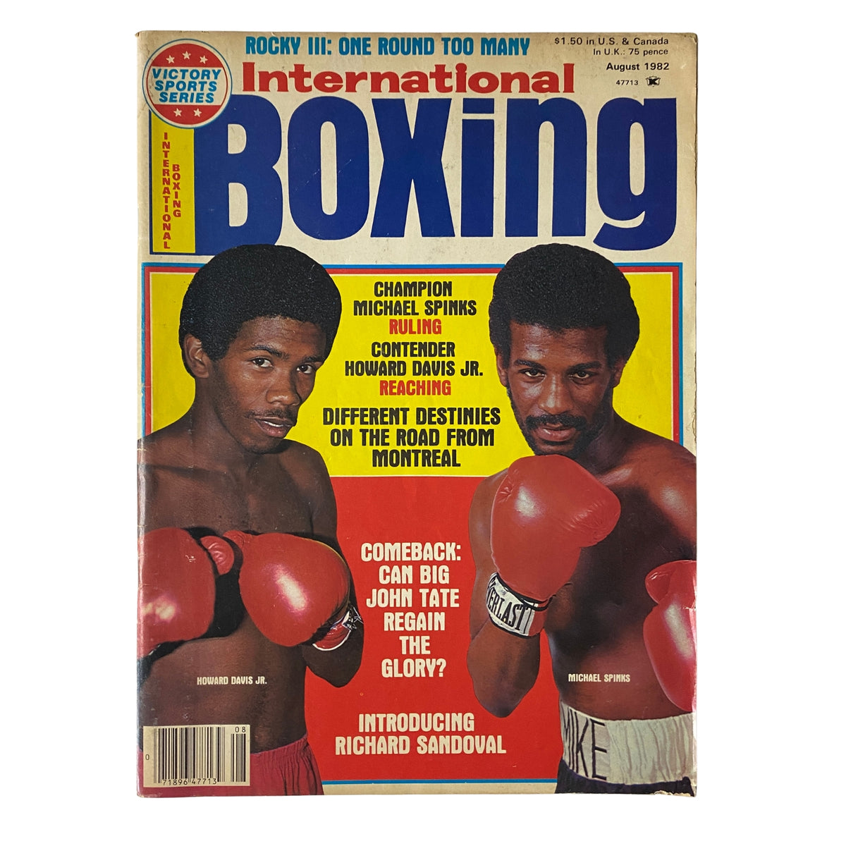 Cover of International Boxing Magazine August 1982 featuring Michael Spinks and Howard Davis Jr. in boxing gloves, highlighting their contrasting boxing careers. The cover includes feature articles on their Olympic journeys and professional paths.