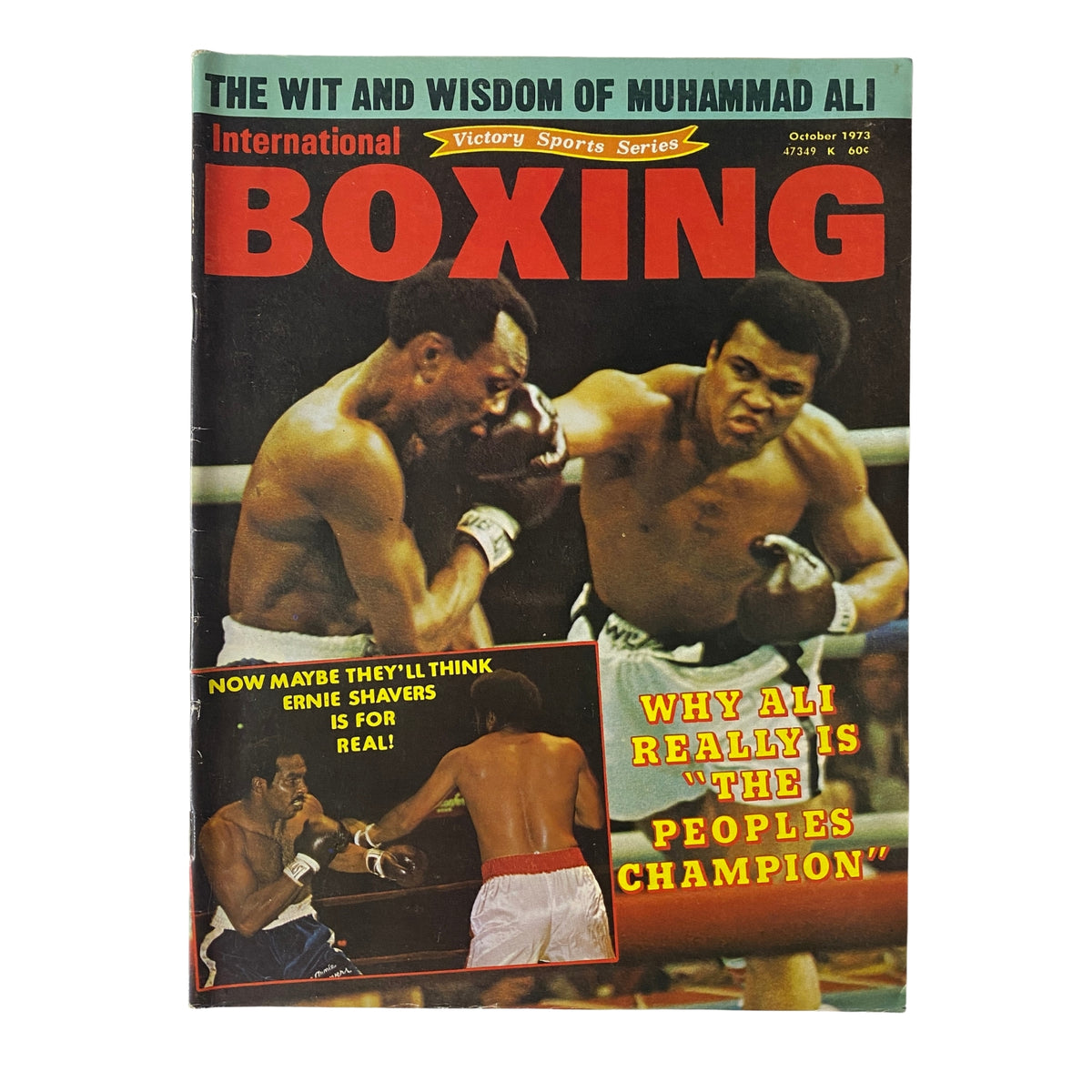 Cover of International Boxing Magazine, October 1973 edition featuring Muhammad Ali with the title 'The Wit and Wisdom of Muhammad Ali'. This magazine highlights Ali as 'The People's Champion' with action shots from boxing matches.
