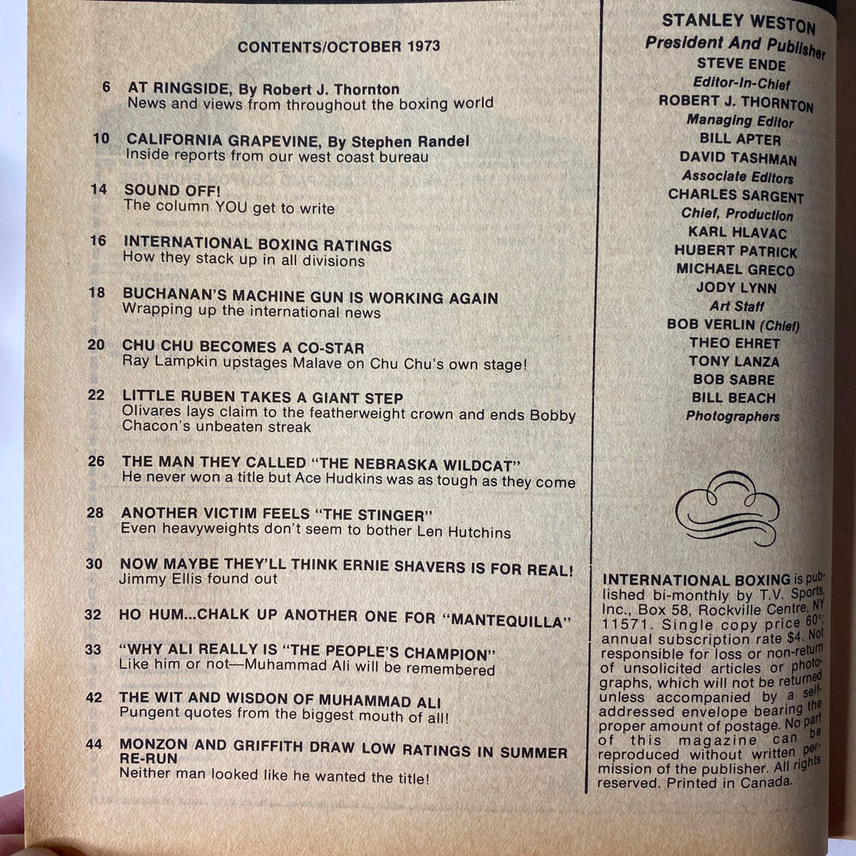 Contents page of International Boxing Magazine, October 1973, listing features and articles including 'At Ringside' and 'Why Ali Really Is “The People’s Champion”', showcasing various boxing topics and fighters.