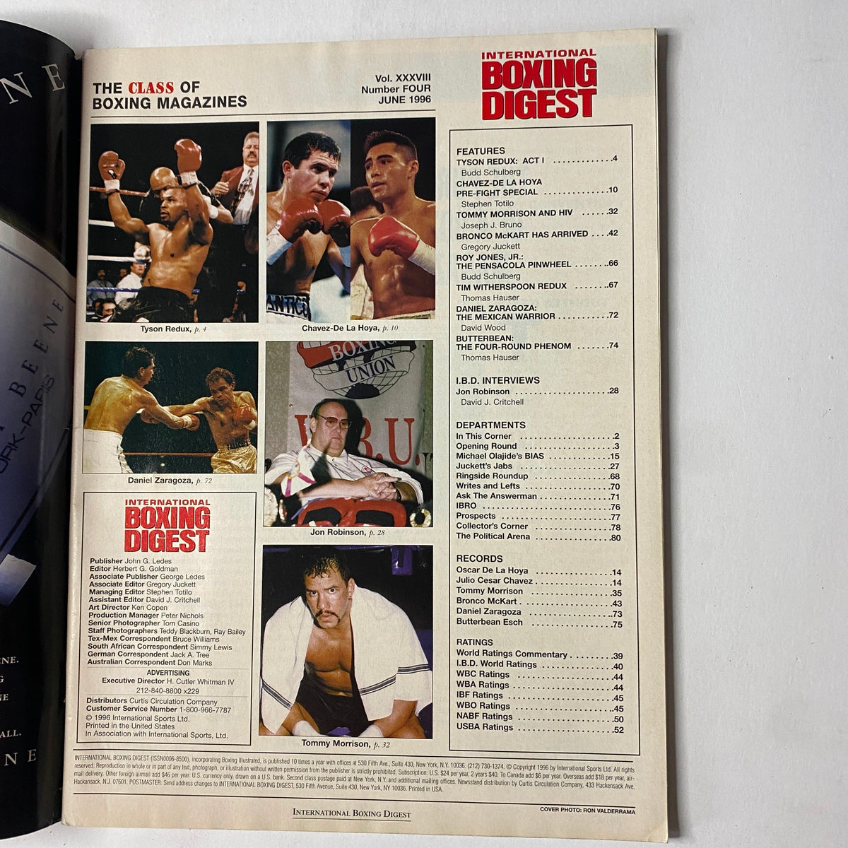 International Boxing Digest Magazine June 1996 featuring highlights of Julio César Chávez, Oscar De La Hoya, and prominent boxing personalities such as Tyson, Zaragoza, and Morrison, showcasing key events and articles relevant to boxing fans.