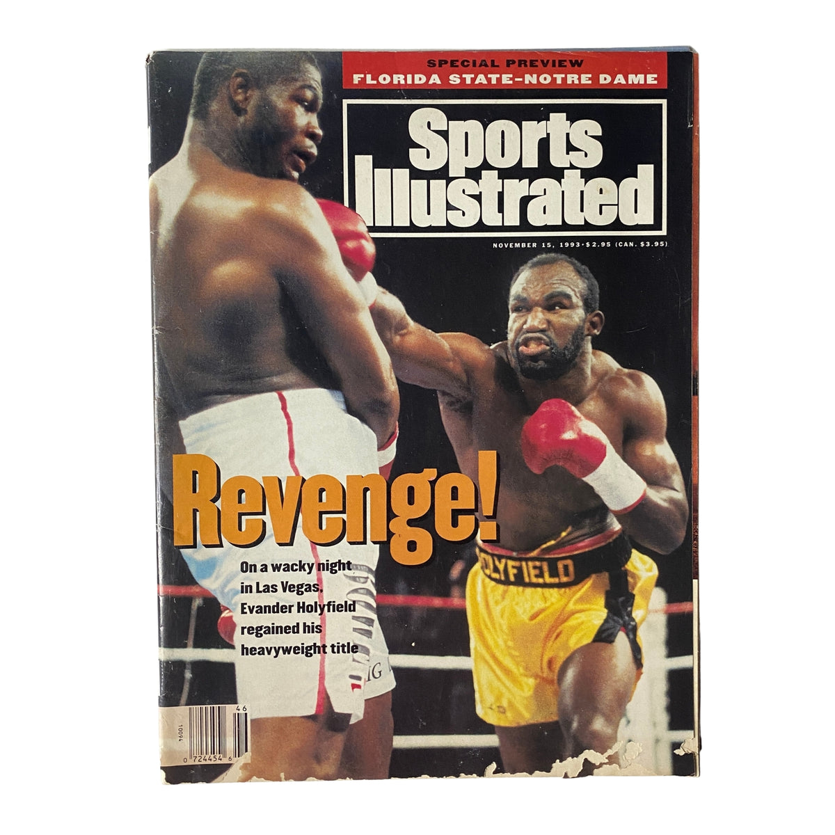 Sports Illustrated Magazine, November 15, 1993 issue featuring Evander Holyfield on the cover, capturing the dramatic boxing rematch against Riddick Bowe with the headline 'Revenge!'.
