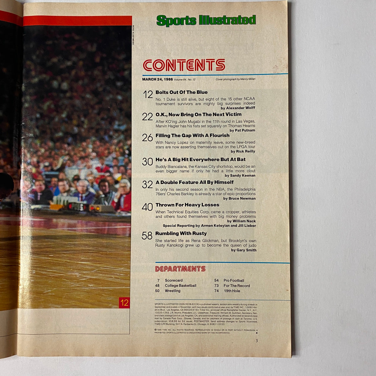 Inside page of Sports Illustrated Magazine from March 24, 1986, displaying the table of contents with highlights including NCAA basketball upsets and an article about Marvin Hagler.