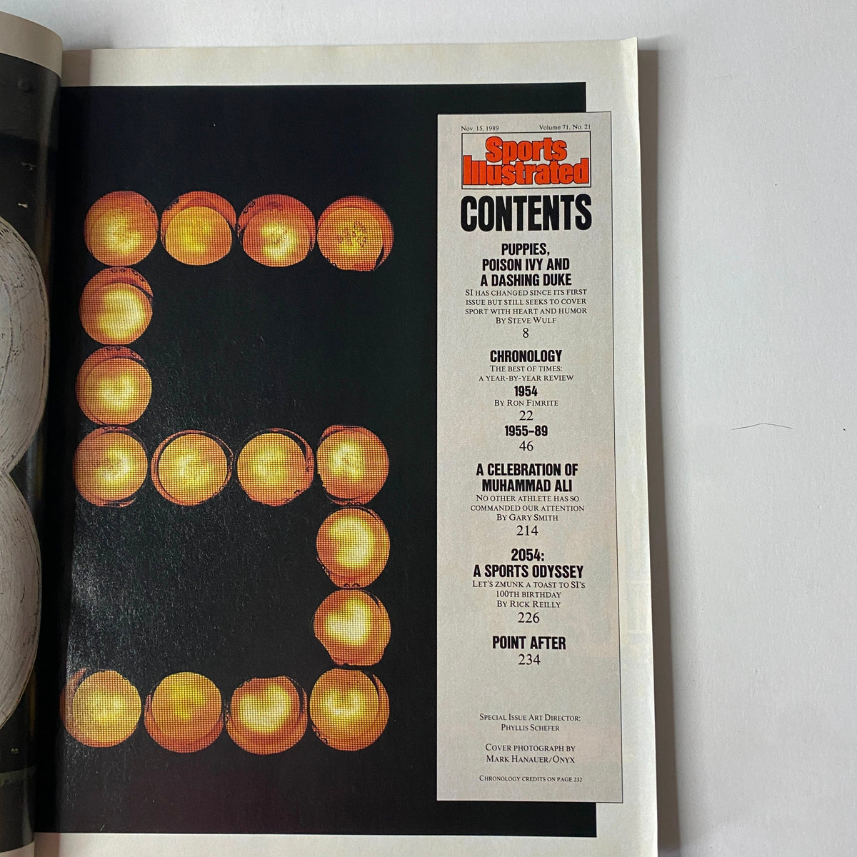 Contents page of Sports Illustrated Magazine from November 15, 1989, highlighting key articles including 'Puppies, Poison Ivy and a Dashing Duke' and 'A Celebration of Muhammad Ali'.