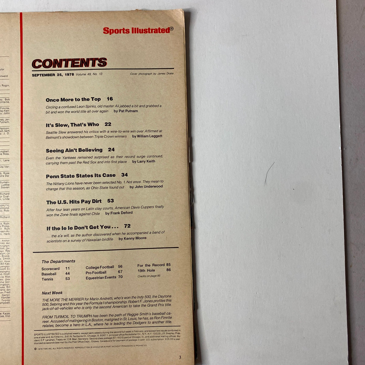 Contents page of Sports Illustrated Magazine September 25, 1978, detailing articles including Muhammad Ali's boxing victory and other sports highlights.