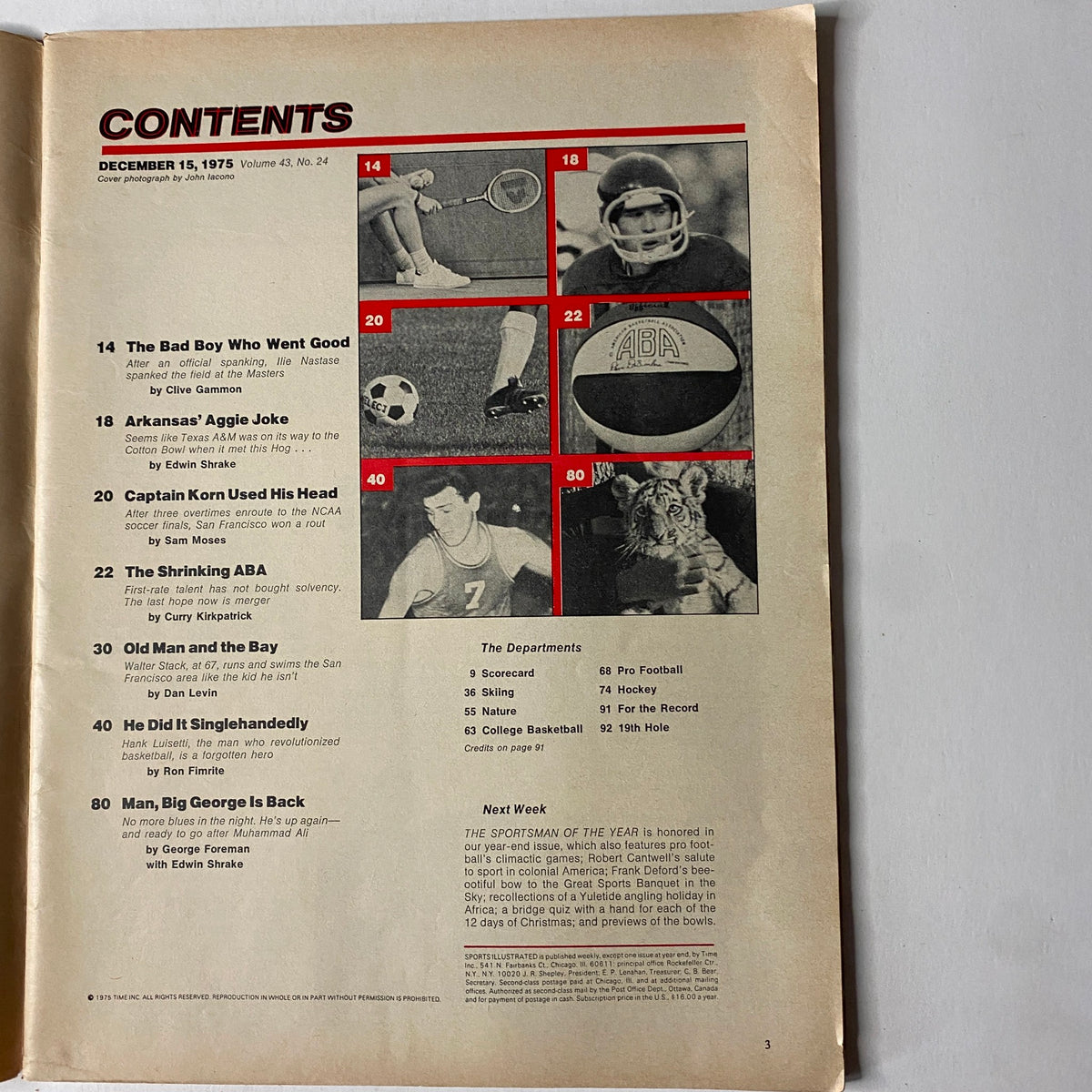 Contents page of Sports Illustrated Magazine December 15, 1975, listing articles including 'Man, Big George Is Back' and features on various sports stories.