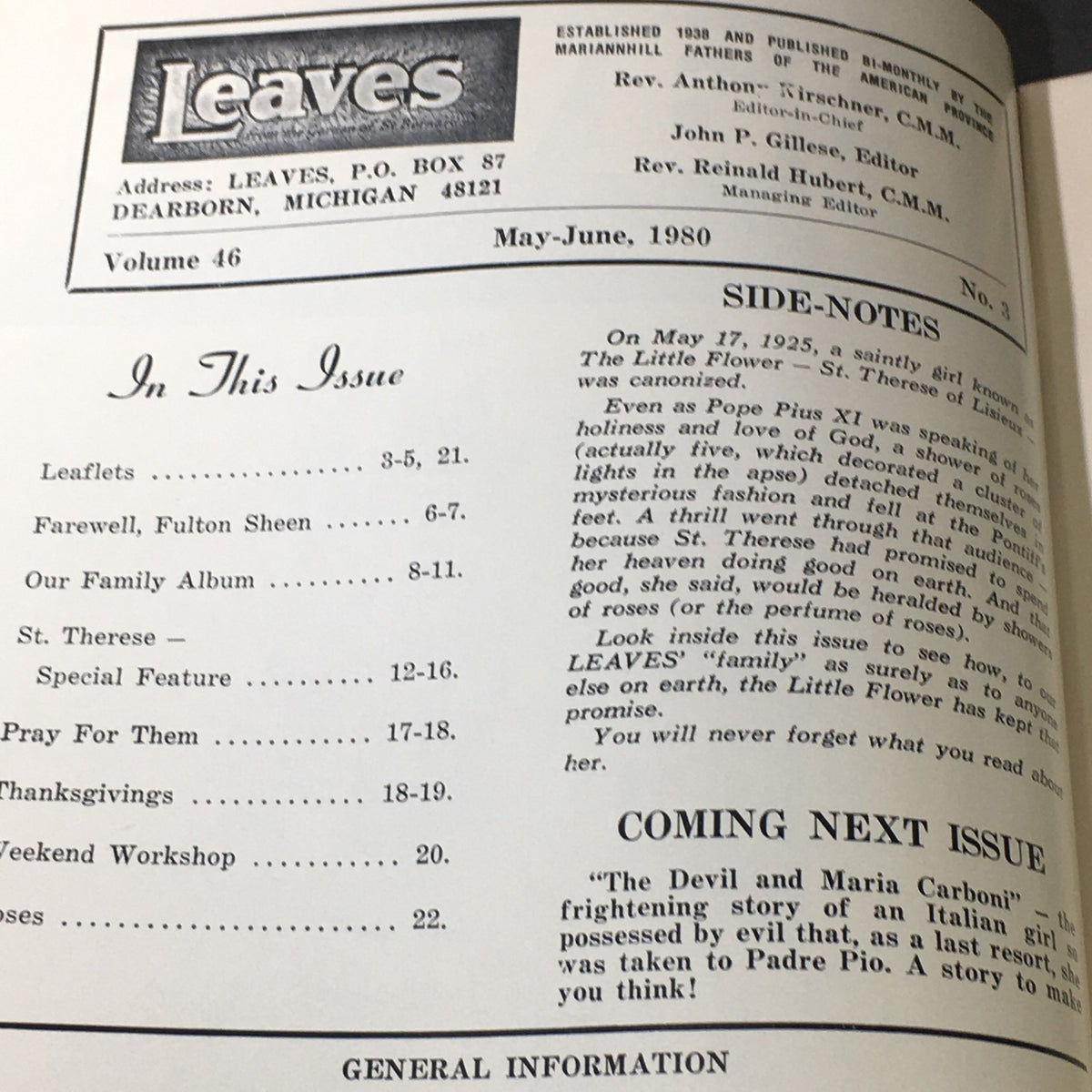 Inside page of Leaves from the Marianhill Fathers, Vol. 46 #3 May-June 1980 - St. Therese showing the table of contents and features including St. Therese.