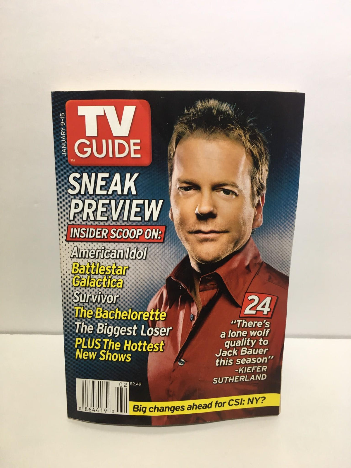 TV Guide January 9-15 Sneak Preview featuring Kiefer Sutherland on the cover, showcasing highlights from popular shows like American Idol and Survivor.