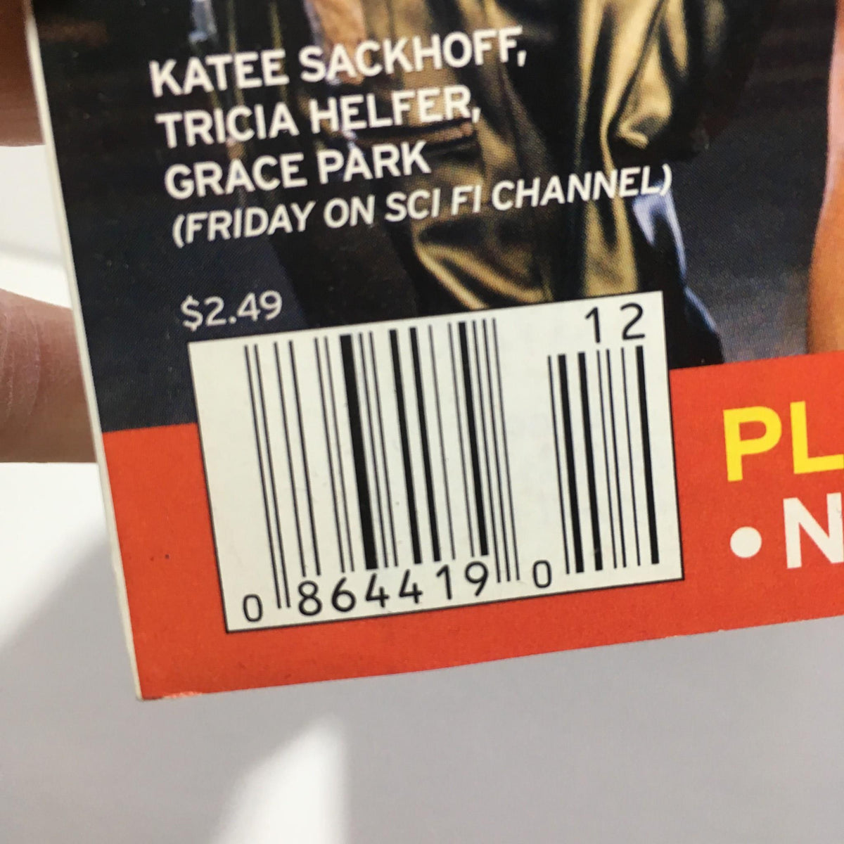 Close-up of the back cover of TV Guide March 20-26, 2005 showing the names Katee Sackhoff, Tricia Helfer, and Grace Park along with the barcode and price.