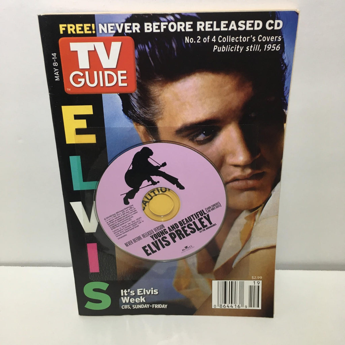 TV Guide May 8-14 2005 featuring Elvis Presley on the cover with the headline 'It's Elvis Week' and a promotional CD 'Never Before Released Version Young and Beautiful'.
