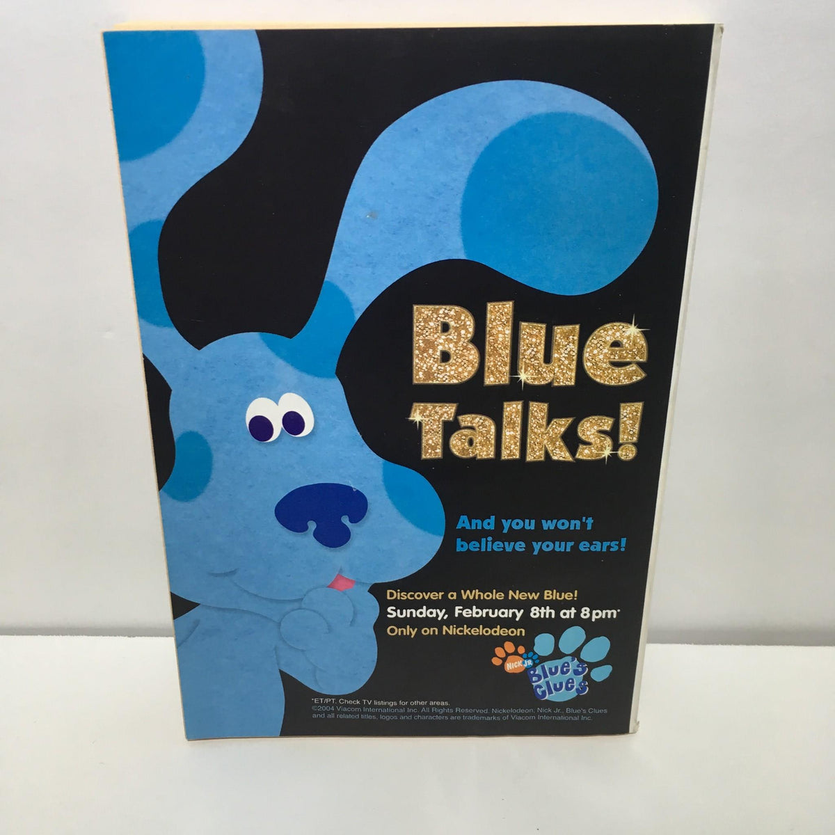 Blue's Clues promotional image featuring Blue Talks! advertisement for a special episode on February 8th, showcasing Nickelodeon's popular children's animated series.