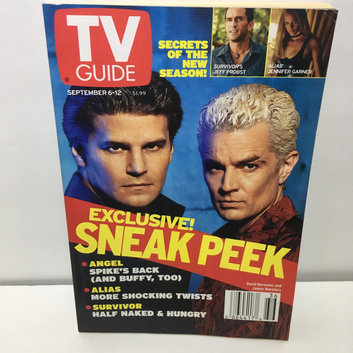 Cover of TV Guide from September 6-12, 2003, featuring an exclusive sneak peek of Angel and Buffy, with main characters David Boreanaz and James Marsters. Highlights include show secrets and upcoming episodes.