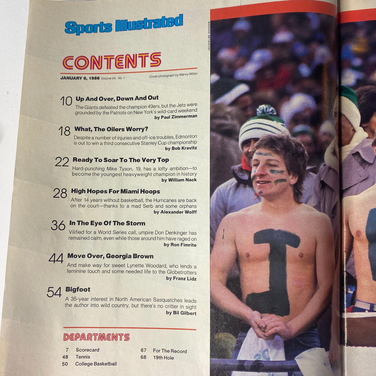 Contents page from Sports Illustrated Magazine January 6, 1986 featuring articles about Mike Tyson and NFL playoffs, highlighting significant sports events and figures.