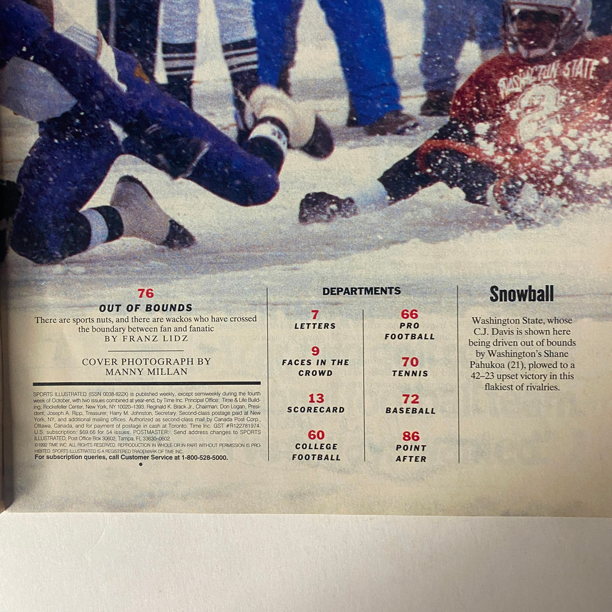 Back cover of Sports Illustrated Magazine November 30, 1992 displaying features and departments including Out of Bounds, with a focus on college football.