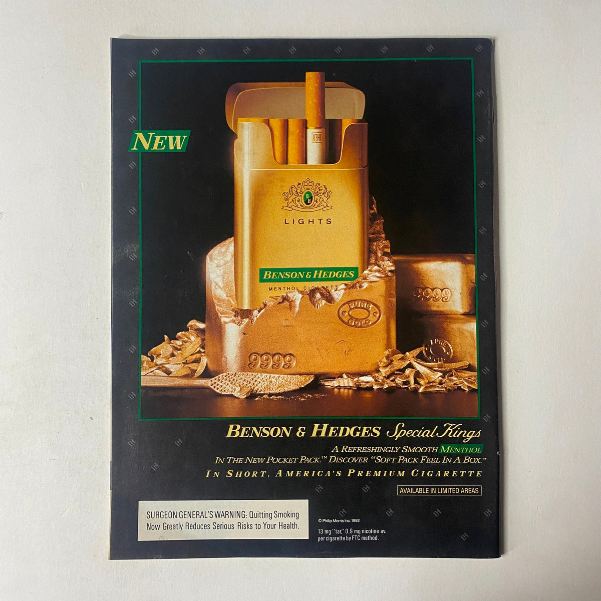 Benson & Hedges Special Kings cigarette advertisement showcasing a new pack design. This image features a visually appealing layout emphasizing freshness and quality, ensuring it resonates with tobacco product enthusiasts.