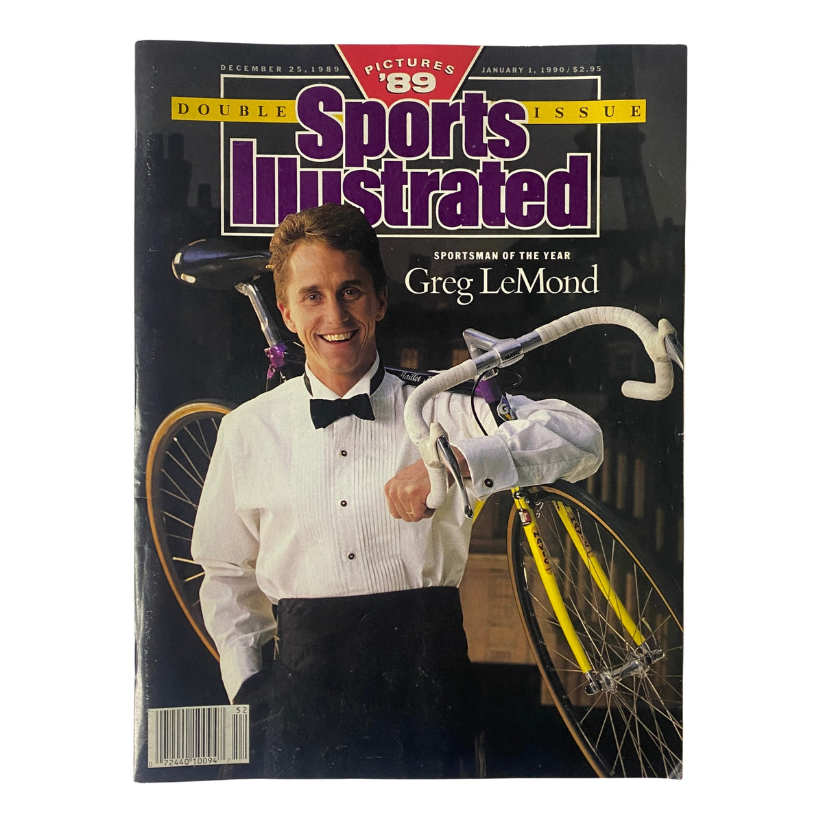 Sports Illustrated Magazine December 25, 1989 with Greg LeMond on the cover, highlighting him as Sportsman of the Year, showcasing a vintage magazine in very good condition.