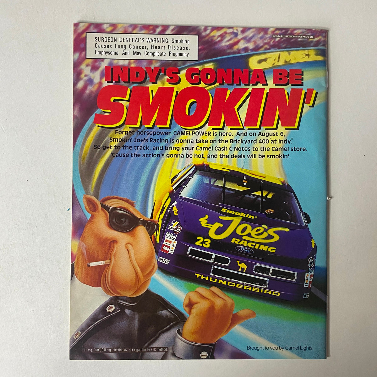 Back cover of Sports Illustrated Magazine, August 1, 1994, featuring an advertisement for Camel Lights and their racing promotion with the phrase 'Indy’s Gonna Be Smokin'.
