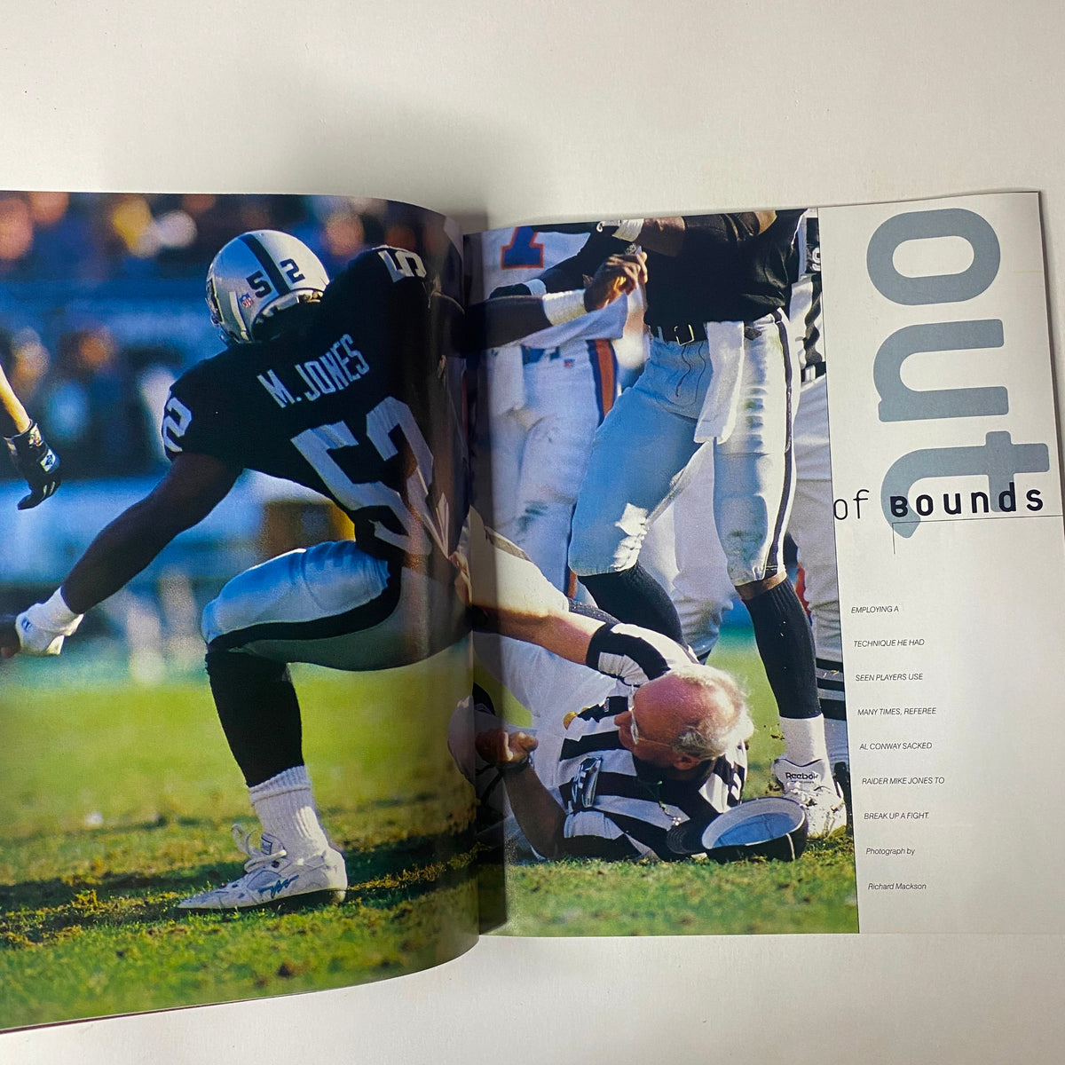 Inside spread of Sports Illustrated magazine 1994 Year in Pictures, displaying a dramatic football moment with M. Jones tackling a referee, highlighting the excitement of NFL action.
