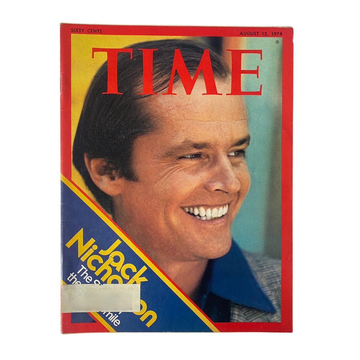 Time Magazine August 12, 1974 featuring a cover portrait of Jack Nicholson, highlighting his charismatic smile and iconic style. This vintage magazine is a collectible piece showcasing American cinema from the 1970s.