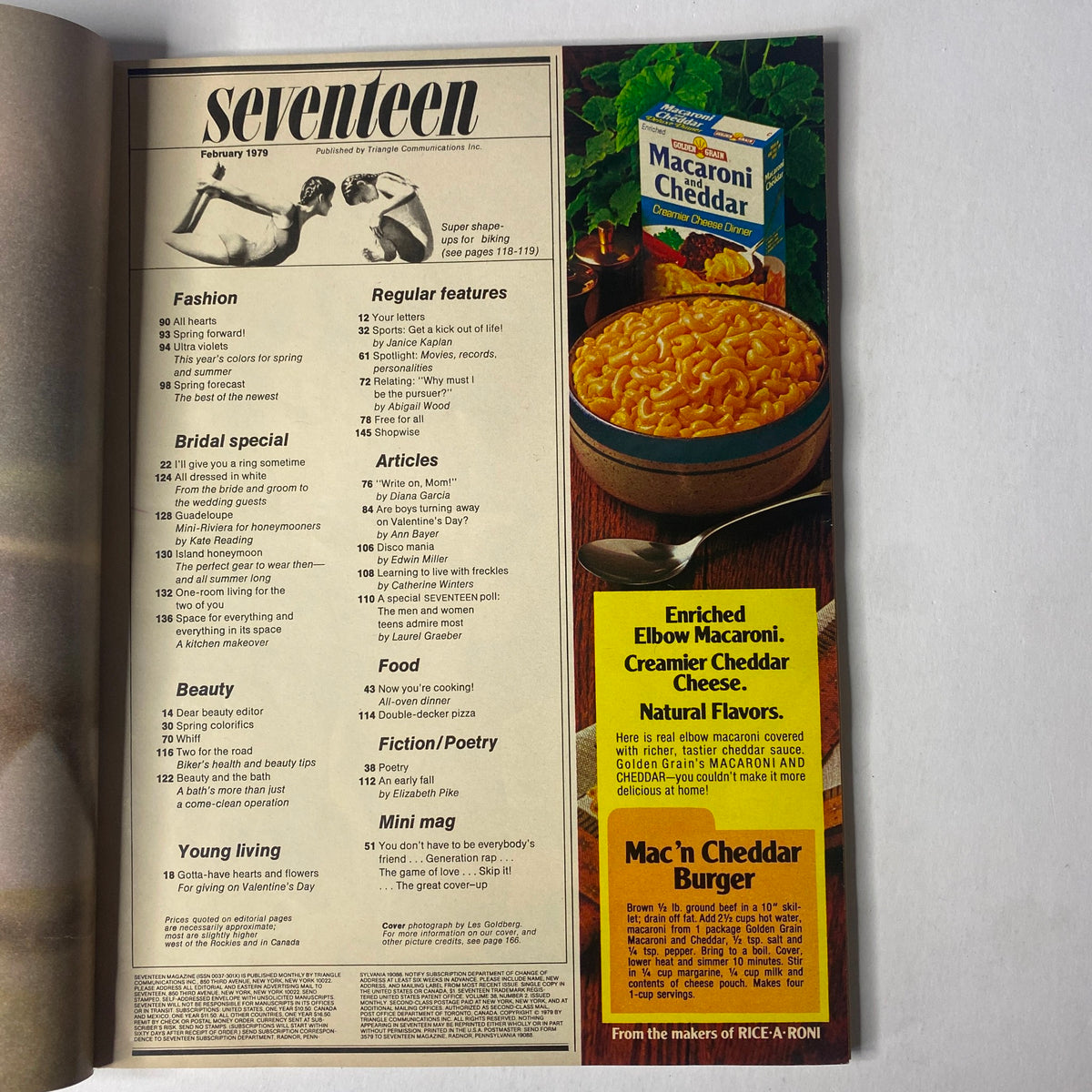 Interior page of Seventeen Magazine February 1979 showing the contents including sections on fashion, beauty, bridal special, and articles. The layout highlights the diverse topics covered in this issue.