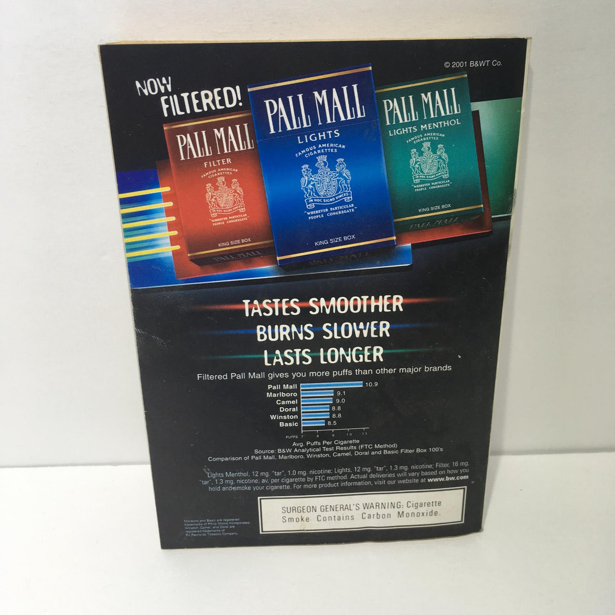Back cover of the TV Guide February 9-15 2002 featuring cigarette ads, highlighting the smooth taste and longer burn of Pall Mall cigarettes.