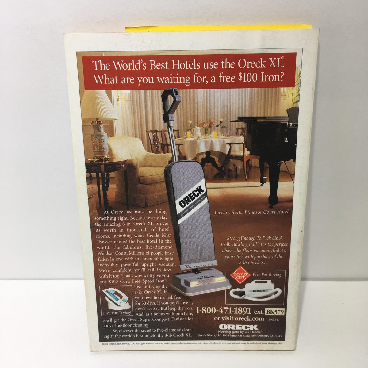 Back cover of TV Guide magazine featuring an advertisement for the Oreck XL vacuum cleaner. The ad highlights the benefits of the vacuum, including its strong suction capabilities and suitability for luxury homes, alongside contact information.