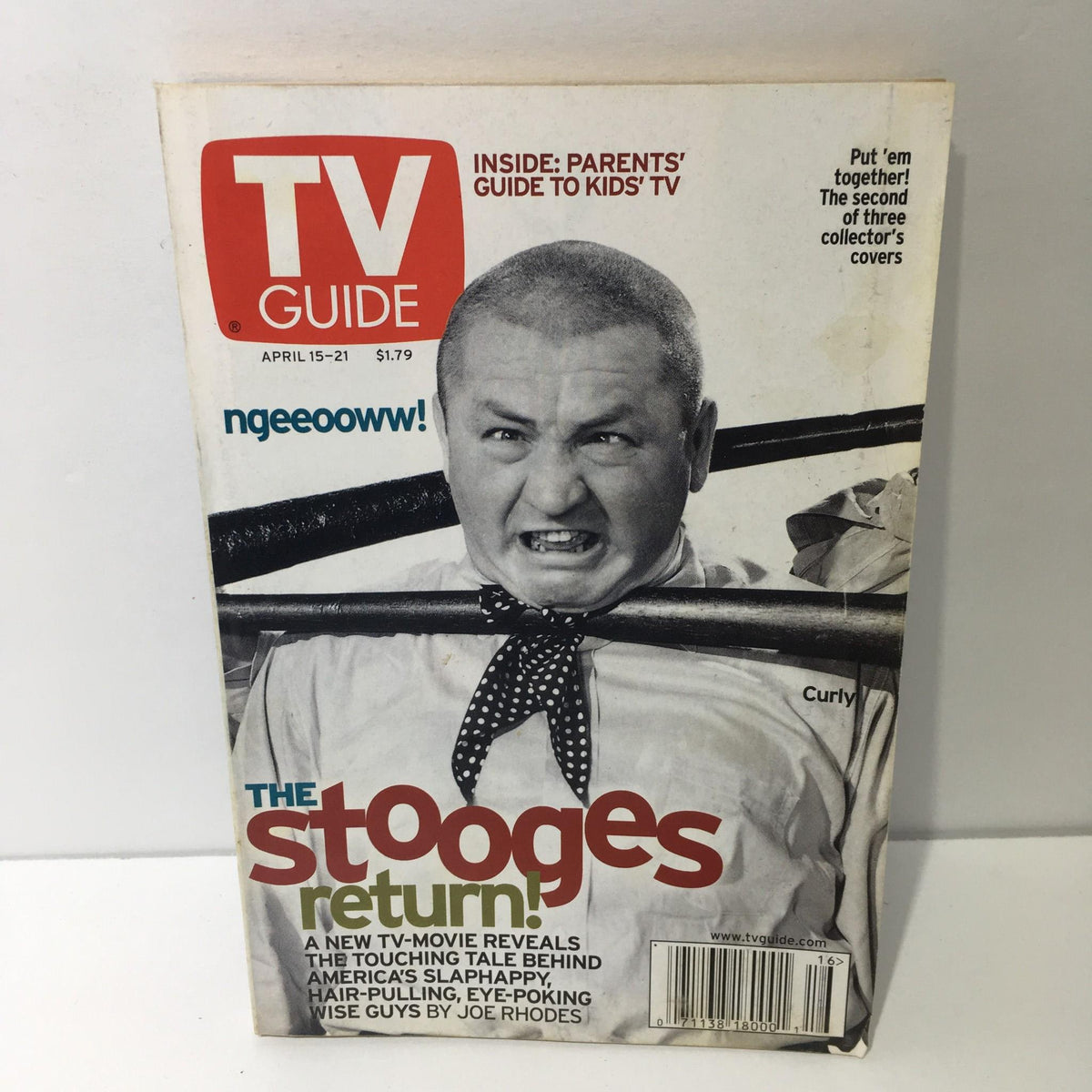 TV Guide cover featuring Curly Howard from The Stooges, dated April 15-21, 2000, with the title 'The Stooges Return!' prominently displayed.