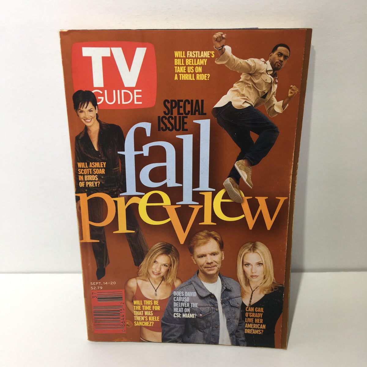 Cover of TV Guide, September 14-20, 2002, featuring K Sanchez, D Caruso, G O'Grady, and A Scott, showcasing the Fall Preview special issue.