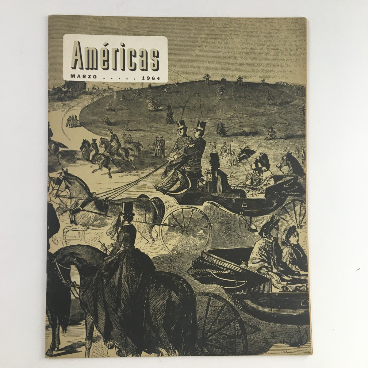 Cover of Americas Magazine March 1964 featuring a vintage illustration of horse-drawn carriages and people in Central Park, New York.