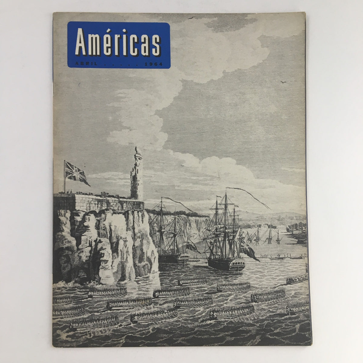 Cover of Americas Magazine April 1964 featuring 'The Invasion of United Kingdom' with ships and a prominent lighthouse. Ideal for history enthusiasts and collectors.