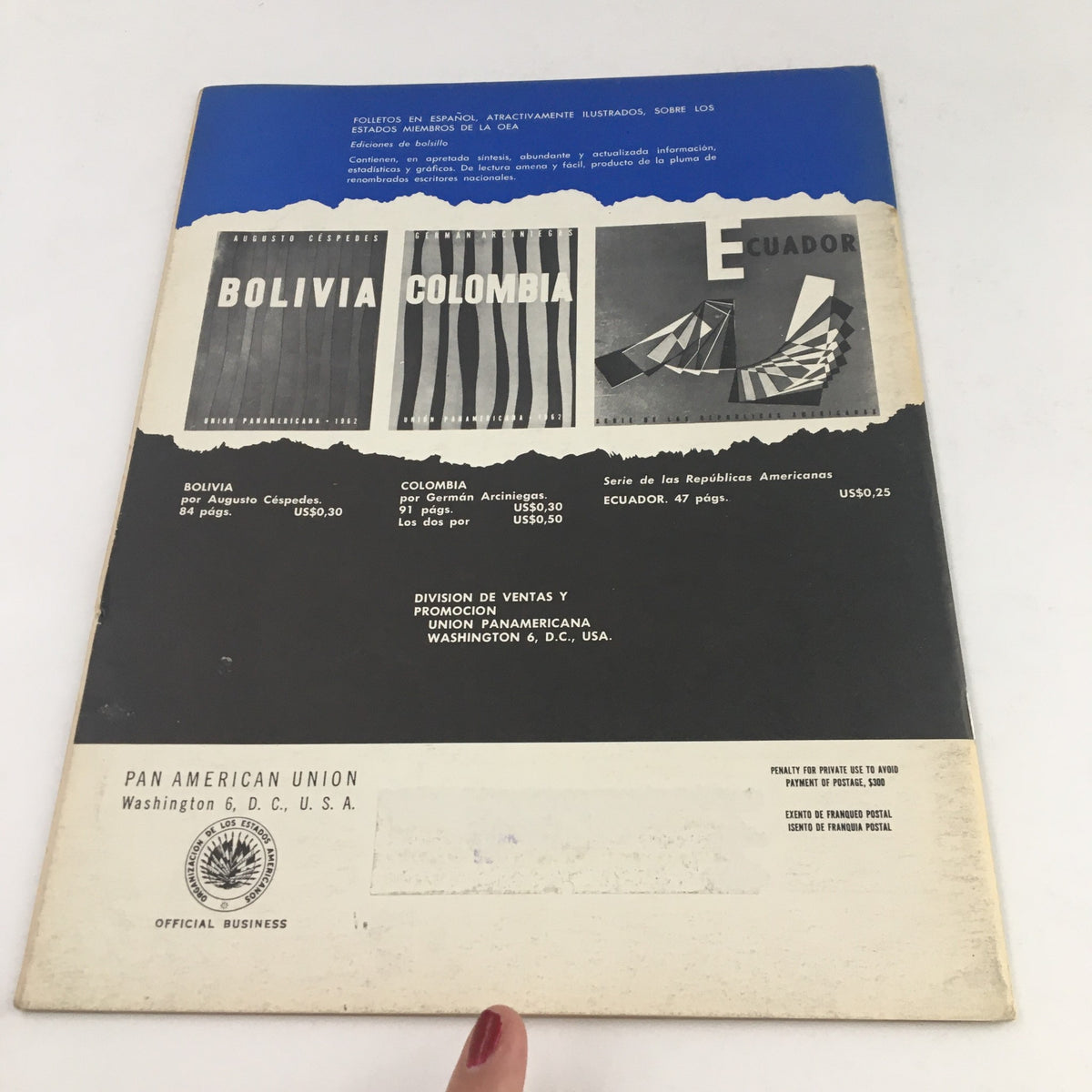 Back cover of Americas Magazine April 1964 displaying promotions for publications on Bolivia, Colombia, and Ecuador, adding historical context to the era.