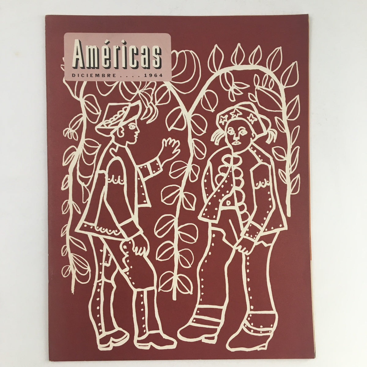 Cover of Americas Magazine December 1964 showcasing sketches of Latin American locals, featuring a vibrant illustration on a maroon background.