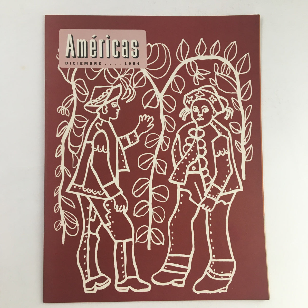Cover of Americas Magazine December 1964 featuring a sketch of two locals interacting under vines, showcasing vintage illustration and design elements.