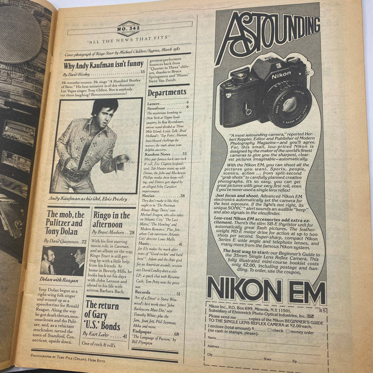 Inside page of VTG Rolling Stone Magazine April 10 1981 No. 342 featuring an article on Ringo Starr, with a vintage advertisement for Nikon cameras alongside other entries.