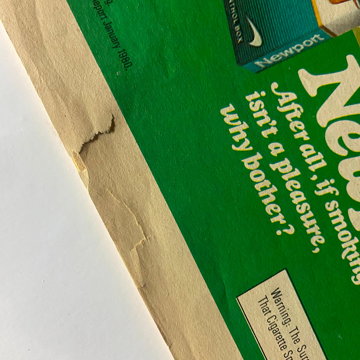 Close-up of the back cover of Rolling Stone Magazine dated May 14, 1981, featuring a Newport cigarette advertisement with visible wear and a tear, capturing the vintage essence of the publication.