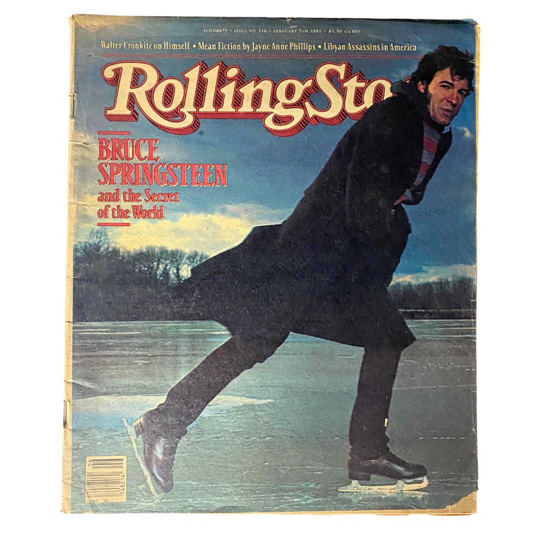 VTG Rolling Stone Magazine February 5 1981 featuring Bruce Springsteen on the cover while skating. This collectible magazine represents rock history from the late 70s to early 80s.