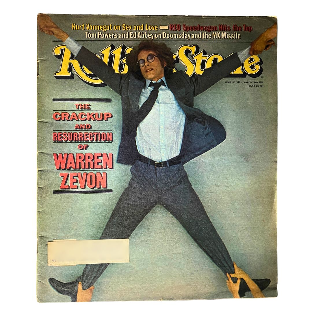 Cover of Rolling Stone Magazine, March 19, 1981, No. 339 featuring 'The Crackup and Resurrection of Warren Zevon', with an image of a man in a suit looking lively, capturing the essence of 1980s music culture.