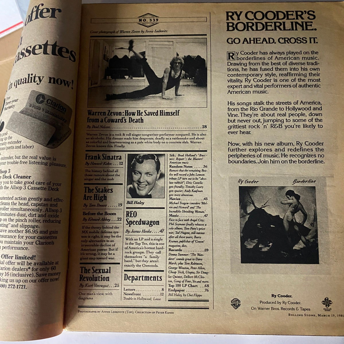 Inside page of Rolling Stone Magazine, March 19, 1981, No. 339 highlighting articles including 'Warren Zevon: How He Saved Himself from a Coward's Death', showcasing the magazine's rich exploration of rock music.