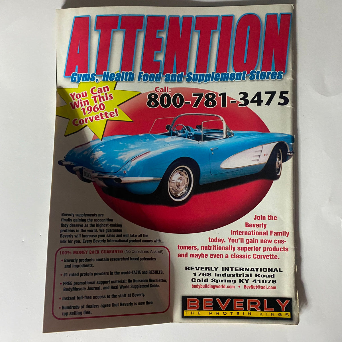 Promotional flyer for Beverly International offering a chance to win a 1960 Corvette, targeting gyms, health food, and supplement stores.