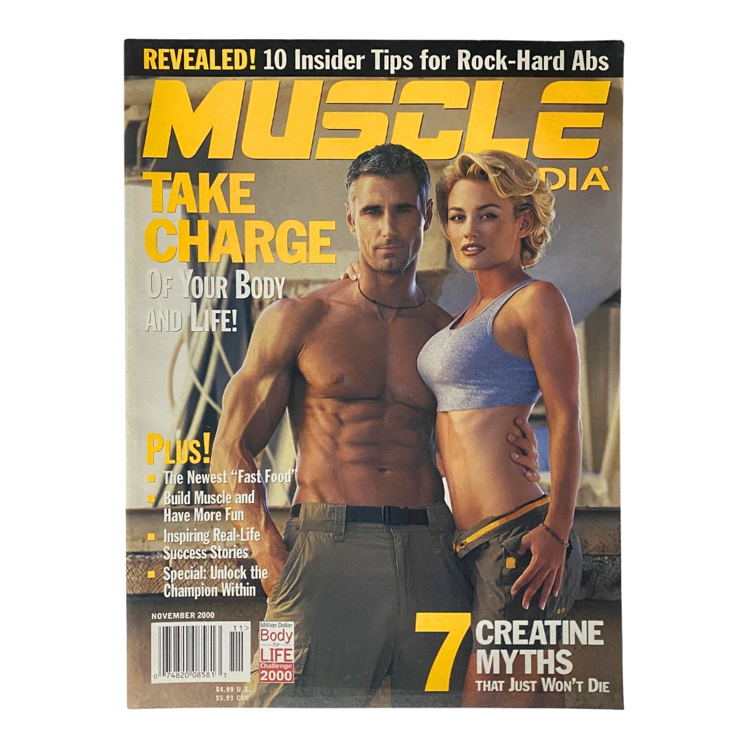 Muscle Media Magazine November 2000 cover featuring a man and woman demonstrating fitness; article highlights include tips for body and life improvement alongside a feature titled 'Unlock The Champion Within'.