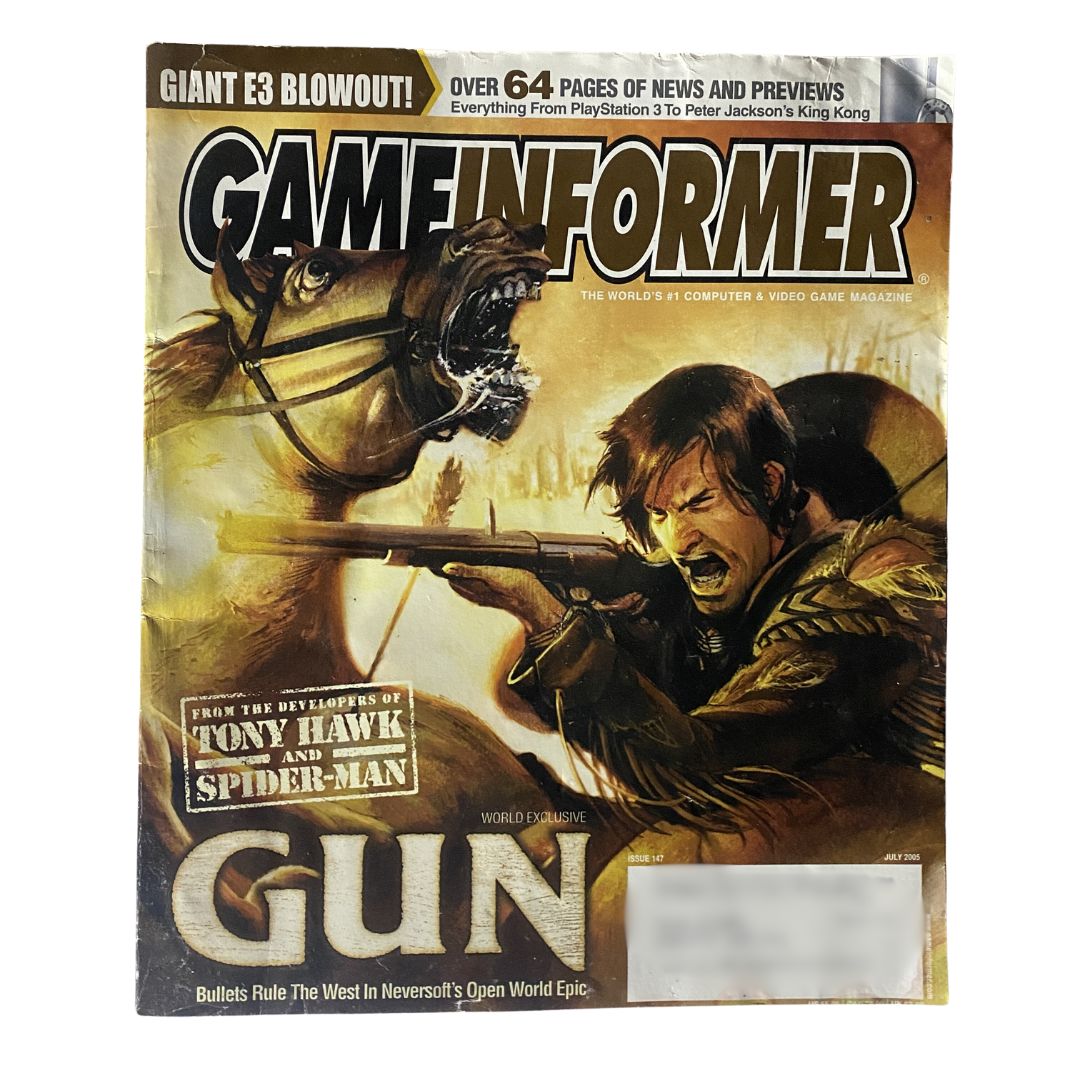 Game Informer Magazine July 2005 Issue 147 cover featuring the title 'Gun - Bullets Rule The West' with dynamic artwork depicting a cowboy and a horse.