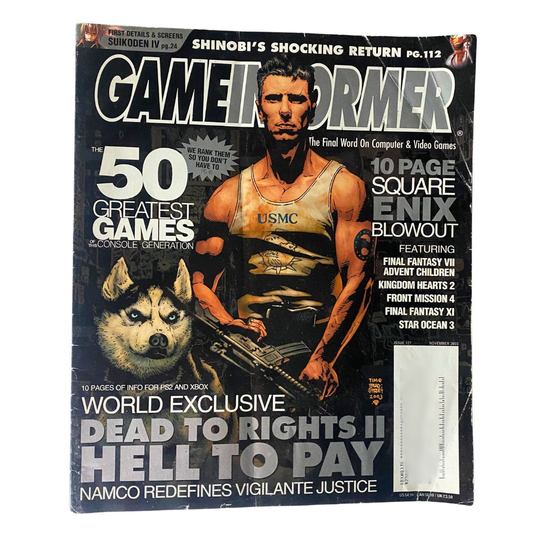 Game Informer Magazine November 2003 Issue 127 featuring Dead to Rights II on the cover, showcasing a muscular character and a dog, highlighting gaming culture of the early 2000s.