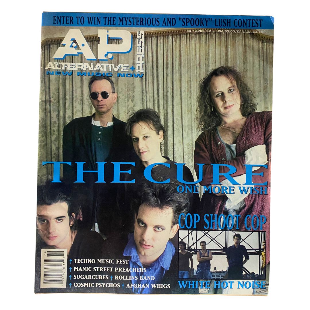 Alternative Press Magazine April 1992 featuring The Cure on the cover with title 'One More Wish', showcasing the band members in a vintage and iconic style.