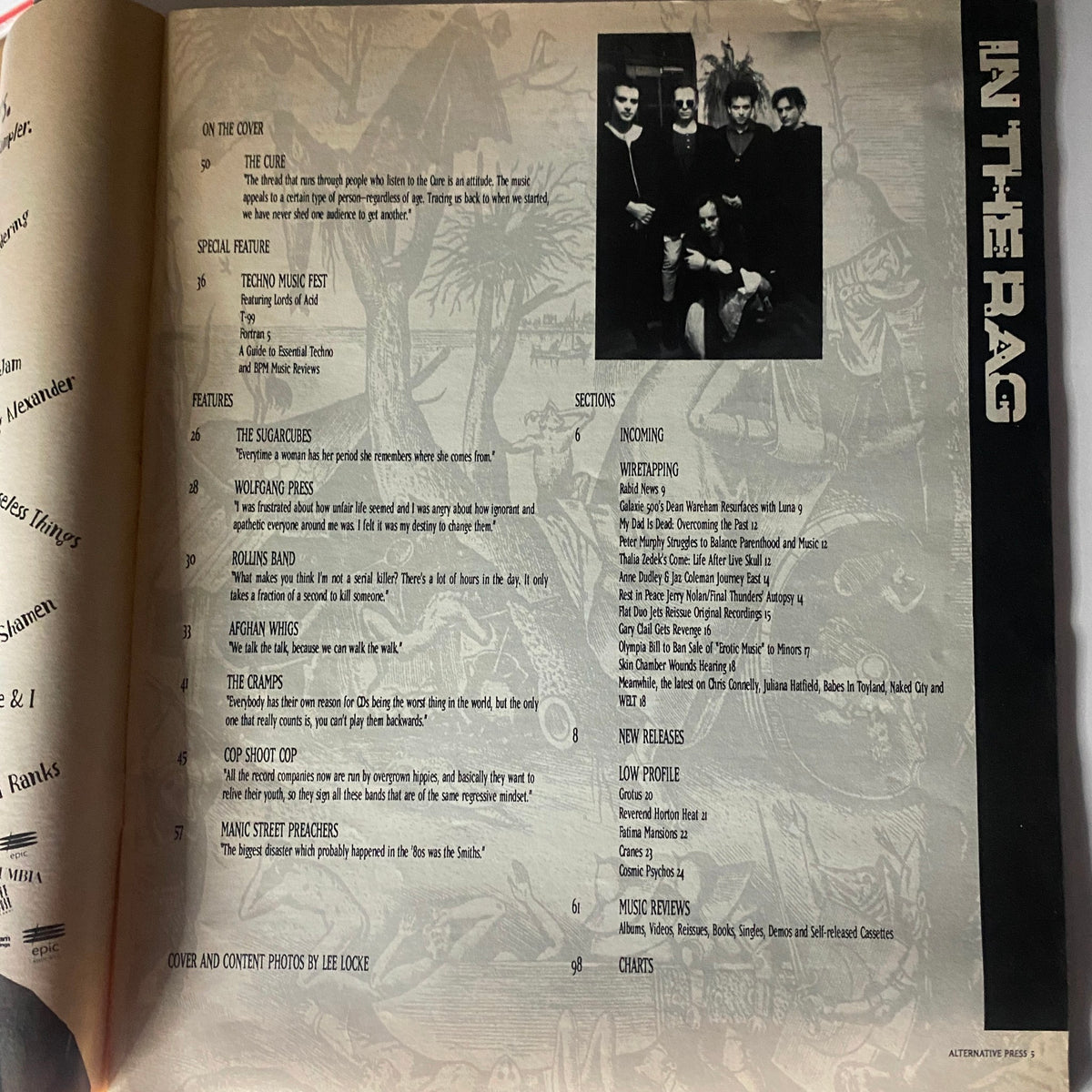 Inside page of Alternative Press Magazine April 1992 showcasing features on The Cure, including section titles and a photo of the band, highlighting the magazine's content.