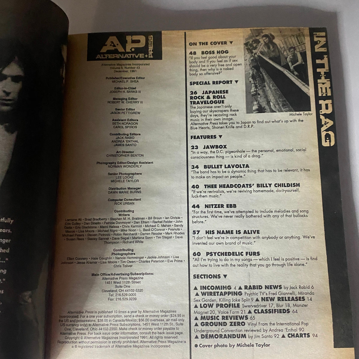 Inside spread of Alternative Press Magazine December 1991, highlighting features on Boss Hog and other artists, providing insight into the alternative music movement.