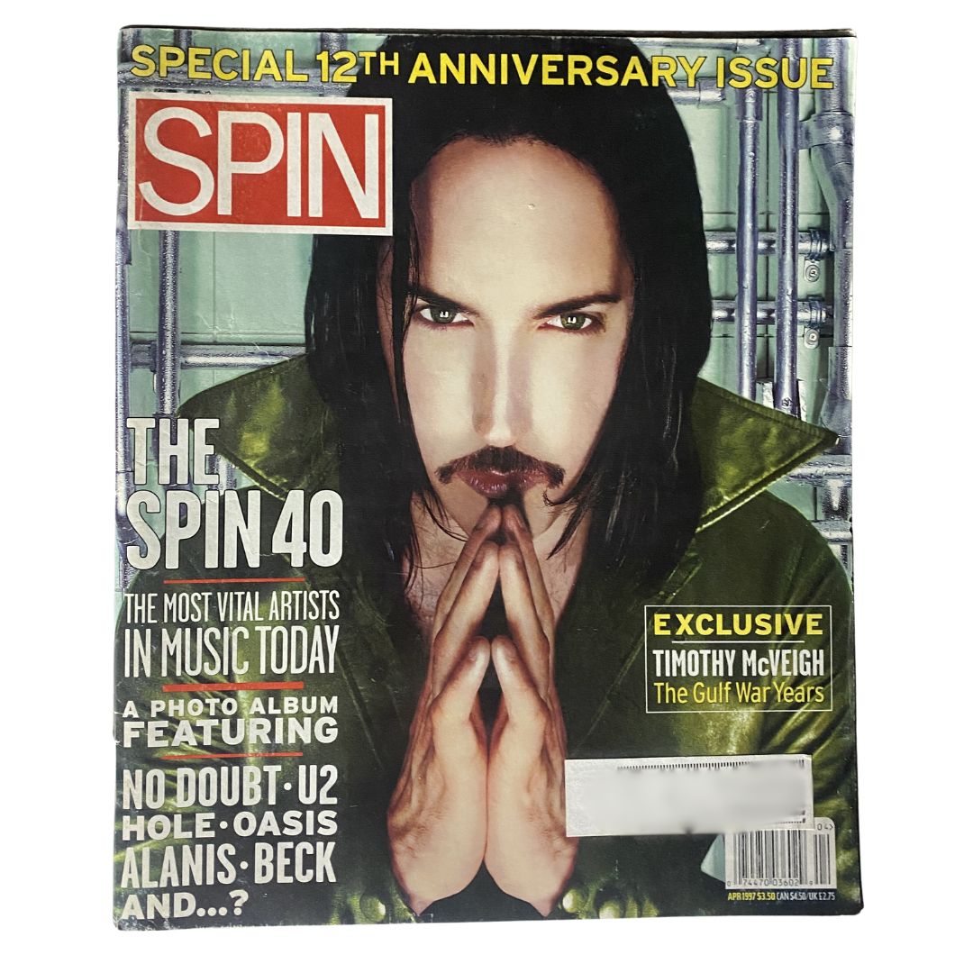 Cover of Spin Magazine April 1997 featuring Timothy McVeigh and the Gulf War Years, celebrating the 12th anniversary of the magazine with artistic design and notable music artists.