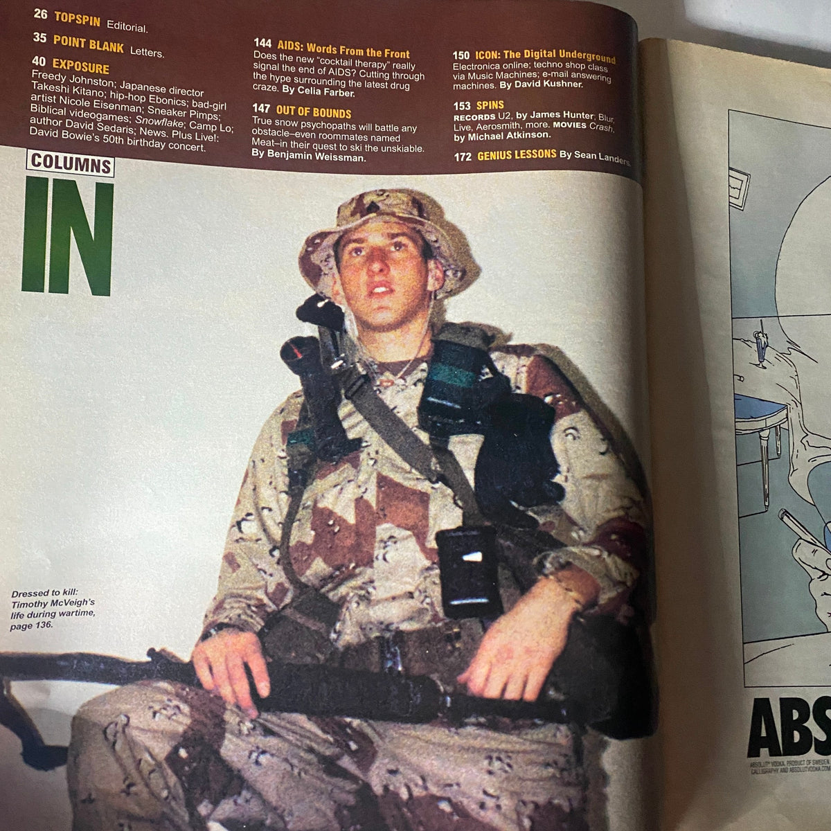 Interior page of Spin Magazine April 1997 showcasing an image of Timothy McVeigh in military attire, highlighting his life during wartime, as part of the Gulf War Years coverage.