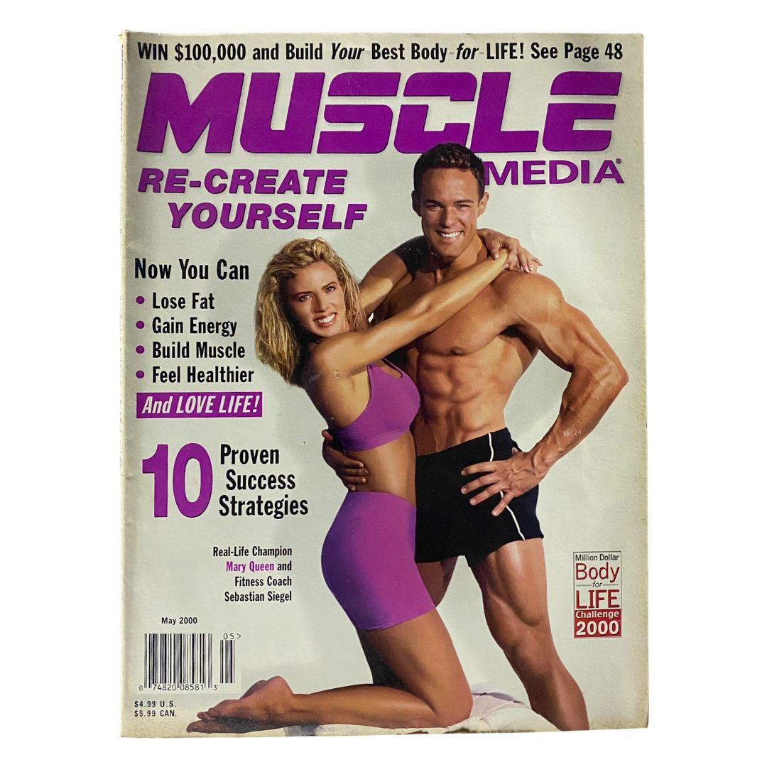 Muscle Media Magazine May 2000 cover featuring Maru Queen and Sebastian Siegel, highlighting fitness and bodybuilding with promotional content on losing weight and building muscle.