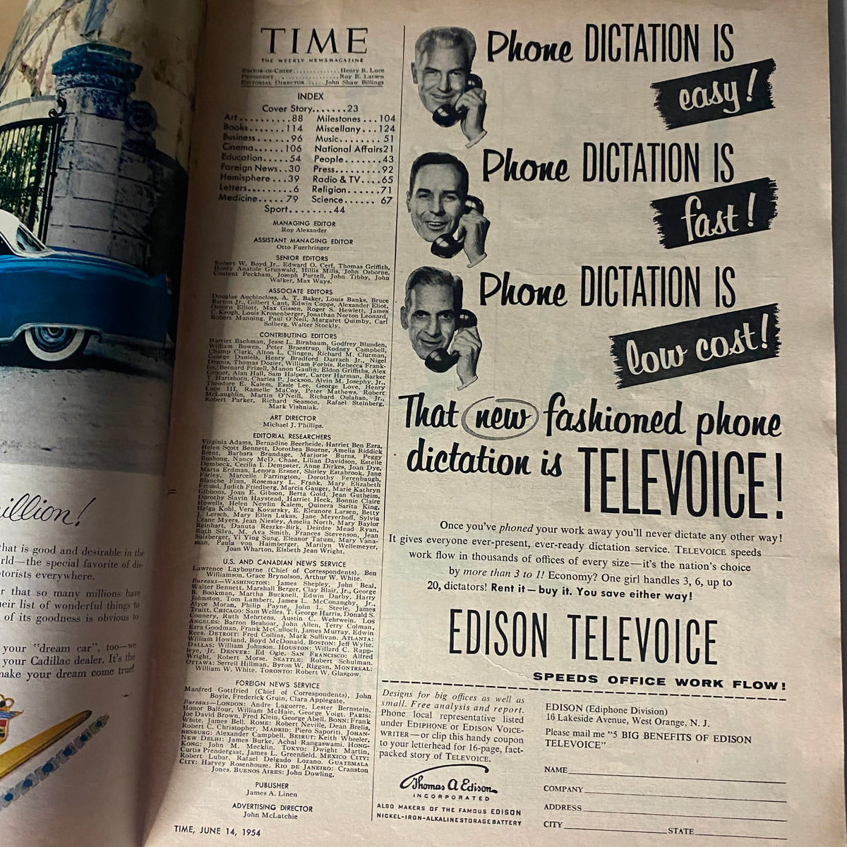 Inside page of VTG Time Magazine June 14, 1954, including advertisements and an index table, reflecting the magazine's historical context.