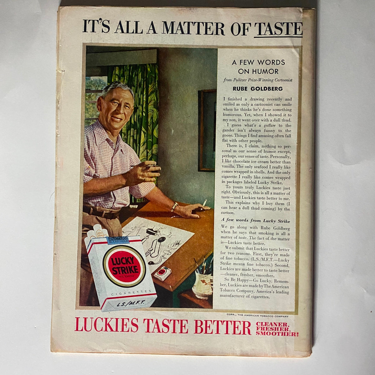 Back cover of VTG Time Magazine May 3, 1954, illustrating an advertisement for Lucky Strike cigarettes by Rube Goldberg, highlighting humor and artistic illustration.